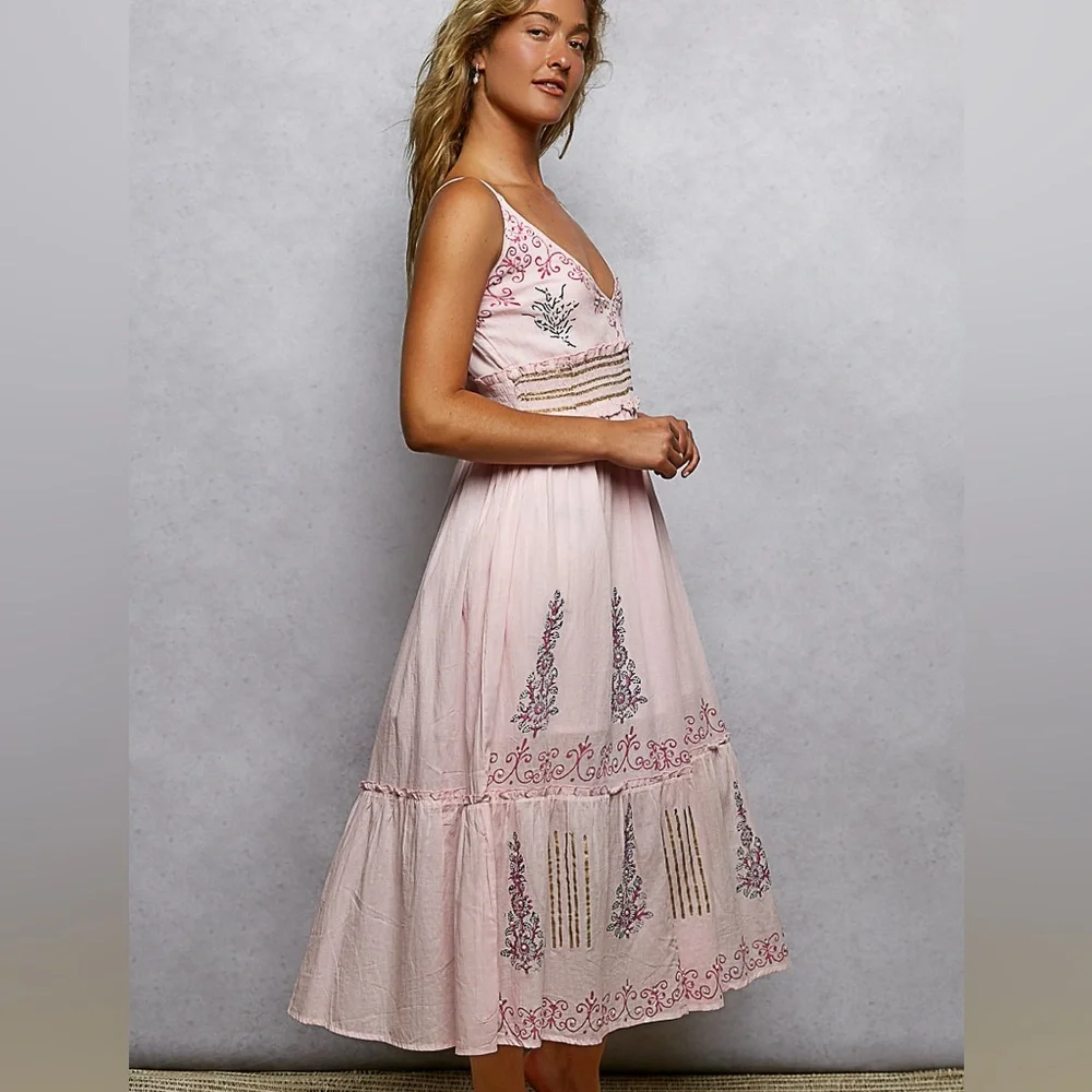 POL Boho Pink Smocked Cotton Midi Embroidered Dress NWT L  Festival Vacation - Picture 8 of 9